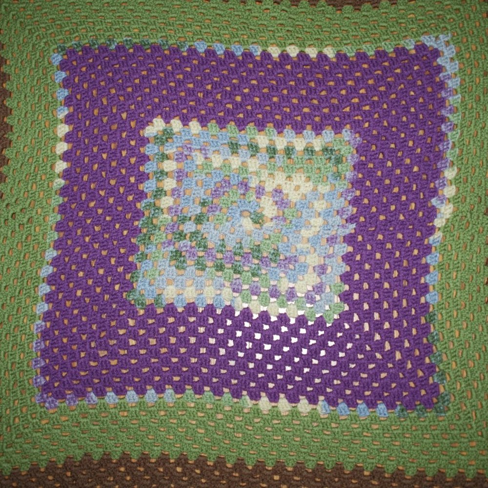 Blanket 43 x 31 green purple Crochet Knit Square Afghan